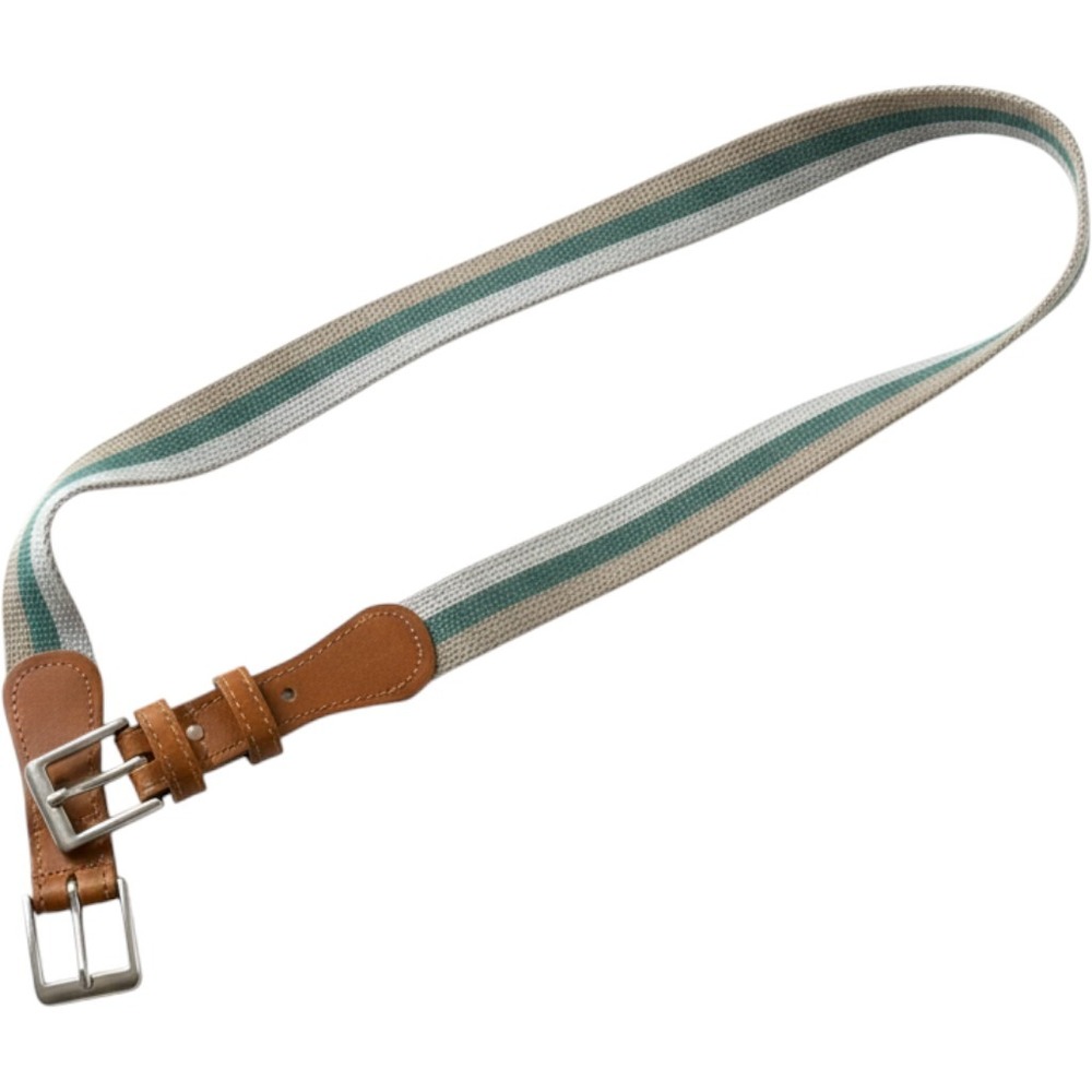 Striped Canvas Webbing Belt Grey Green Faux Leather Tabs Silver Buckle 36 Inch
